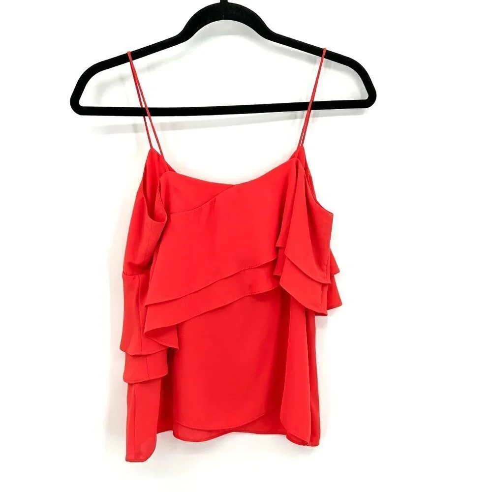 J. CREW Red Orange Coral Asymmetrical Spaghetti Strap Ruffle Blouse Top Size 4